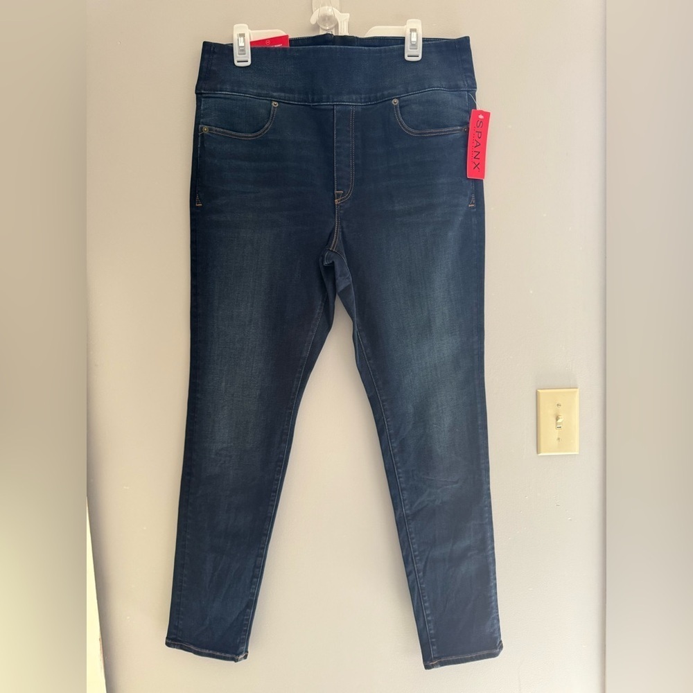 Spanx Womens Signature Waist Skinny Jeans SZ 32 Back Zip Pockets Stretch Dark